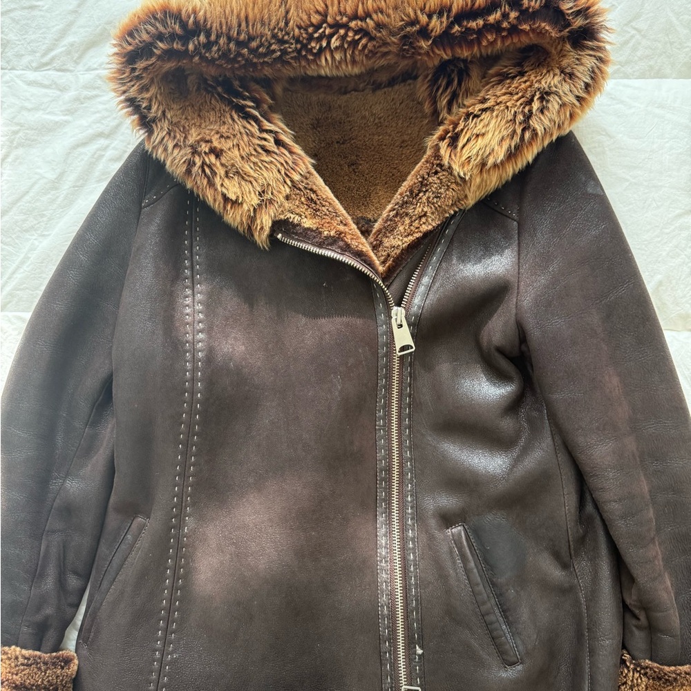 Vintage Fiesta Shearling Hooded Coat Brown Suede Leather Jacket